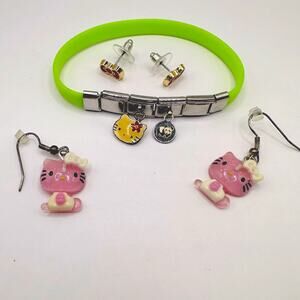Hello Kitty Sanrio Jewelry Set Red Bow Stud Earrings Green Charm Bracelet Pink